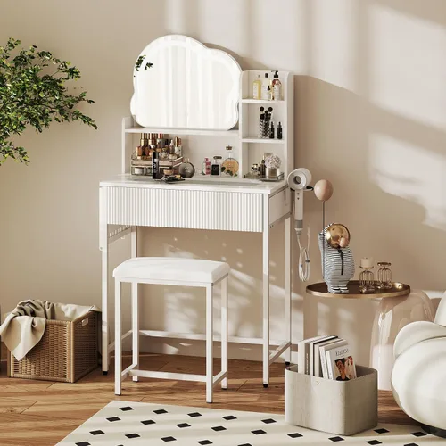 Miniatura 4 de YOURLITE Escritorio de tocador con espejo y luces, juego de tocador de maquillaje acanalado con silla y cajones para espacios pequeños, tocador
