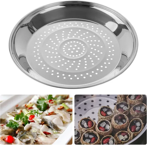 Miniatura 2 de Yardwe Plato para cocinar al vapor de acero inoxidable con agujeros, estante de 13.4 in para cocinar, perfecto para albóndigas, tamales y verduras