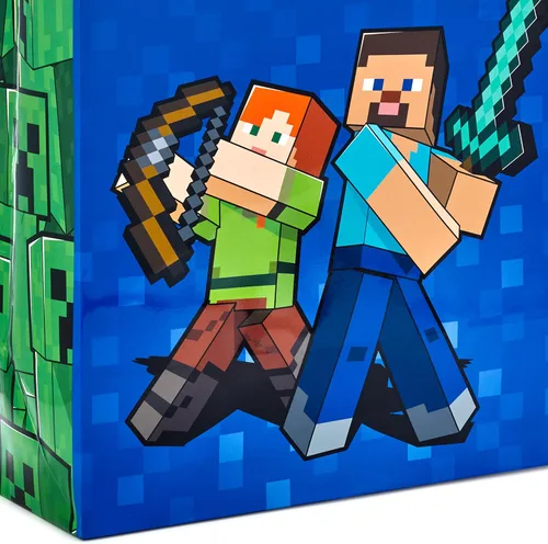 Miniatura 6 de Hallmark Paquete de bolsa de regalo Minecraft (2 bolsas: bolsa azul grande de 13 pulgadas, 15 pulgadas extra grande verde) para cumpleaños, Navidad