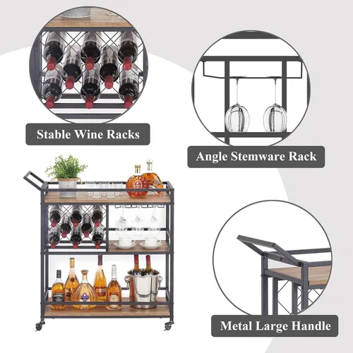 Miniatura 7 de FATORRI Carrito de bar para el hogar, carritos de vino rodantes sobre ruedas con estantes de madera de 3 niveles, carrito de bebidas de licor