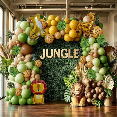 Miniatura 8 de Kit de guirnalda de arco de globos de safari de selva, verde salvia, marrón, amarillo, estampado animal, hojas de palma, para Wild One, safari, baby
