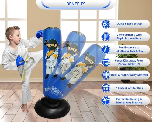 Miniatura 3 de Saco de boxeo para niños – 5 pies 3 pulgadas de alto y estable – Kit combinado de saco de boxeo inflable Ninja Kids con guantes de boxeo para niños