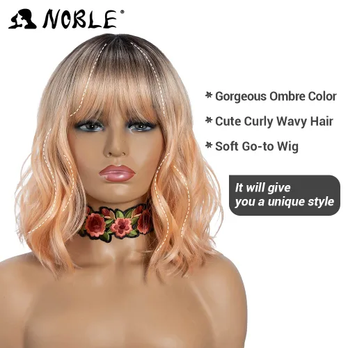 Miniatura 5 de NOBLE Peluca Rosa Naranja para Mujeres Peluca Durazno con Flequillo Pelucas Bob Rizadas Ombré con Flequillo de Aire Pelucas Sintéticas Cortas