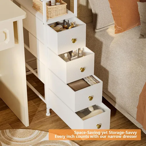 Miniatura 5 de Cómoda estrecha para dormitorio, torre de almacenamiento delgada, cómoda de 4 cajones de tela con estante de madera, organizadores de baño