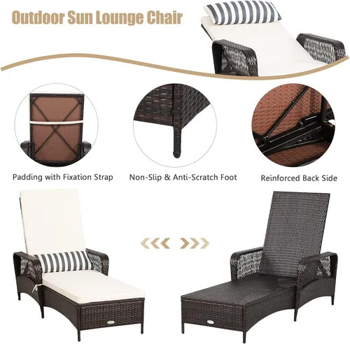 Miniatura 8 de HAPPYGRILL Sillón reclinable de ratán de polietileno para exteriores, tumbona para patio con almohada de cintura extra, silla reclinable con 6 Marrón
