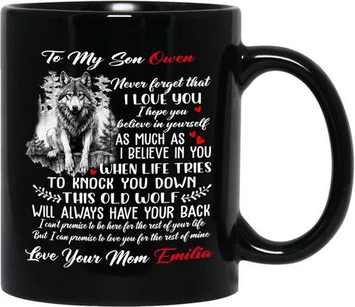 Taza de café personalizada con texto en inglés «To My Son Never Forget That I Love You To Knock You To Knock You Down This Old Wolf Will Have Your