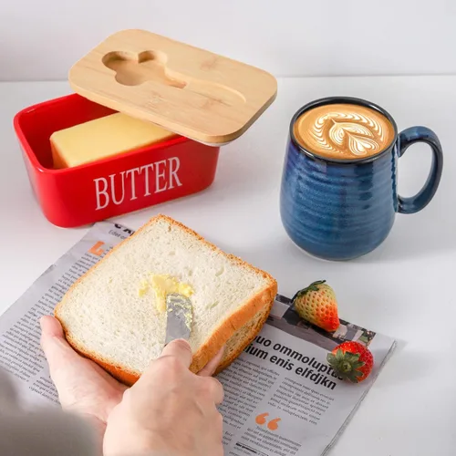 Miniatura 4 de Hasense Mantequillera de porcelana con tapa de bambú - Mantequillera cubierta con cuchillo de mantequilla para encimera, recipiente hermético de Rojo