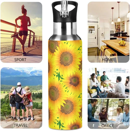 Miniatura 5 de Insulated Water Bottle 20 Oz, Leakproof Water Bottles for Gym Outdoor Travel School, Vibrant Sunflowers Bright Yellow