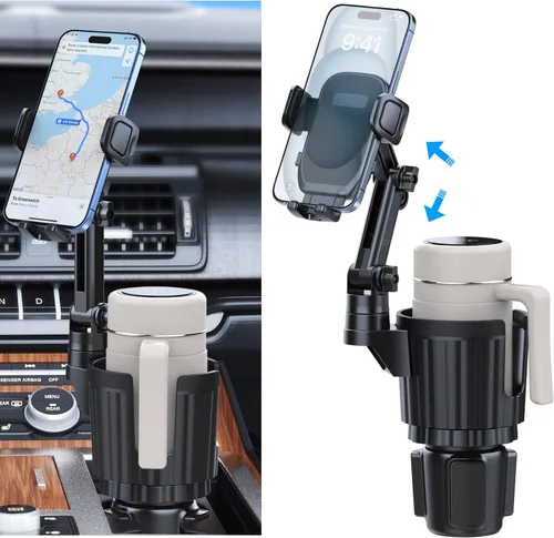 Soporte para teléfono de portavasos, 2 en 1, expansor universal de portavasos con brazo largo, rotación de 360°, soporte para teléfono de portavasos