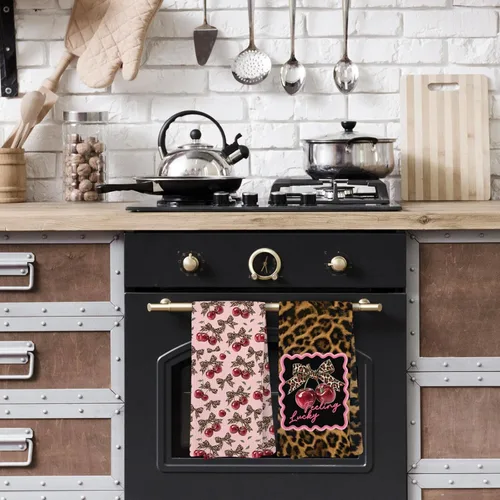 Miniatura 3 de Juego de 2 toallas de cocina retro con lazo de leopardo, decoración de baño femenina de leopardo, toallas de mano con estampado de guepardo