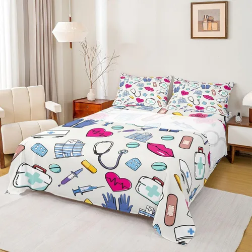 Miniatura 18 de Erosebridal Nurse Sheet Set Stethoscope Twin Sheets Set for Teen Boys,Colorful Medical Healthcare Heartbeat Syringe Fitted Sheet