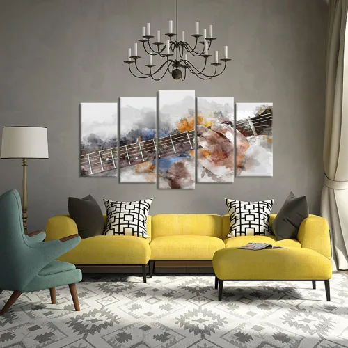Miniatura 2 de KREATIVE ARTS Lienzo artístico con música y guitarra, 5 paneles, acuarela, pintura impresa, sobre lienzo para decoración moderna del hogar, listo