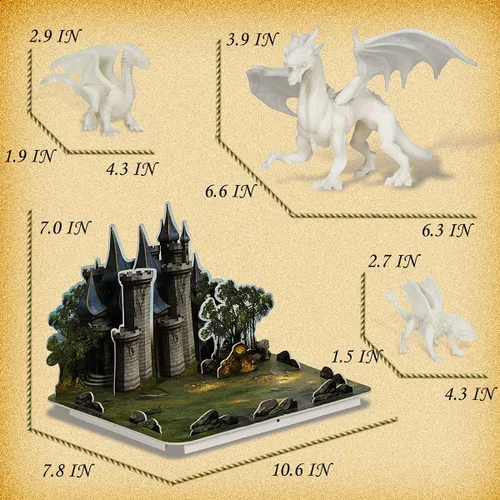 Miniatura 3 de Juego de manualidades para niños, kit de pintura de juguetes de dragón con 3 figuras de dragones y castillo de rompecabezas 3D, el mejor regalo