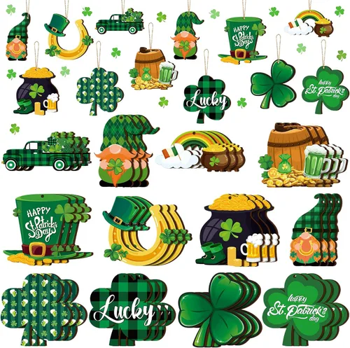 Ferraycle 36 adornos de árbol del día de San Patricio, adornos de madera de trébol para árboles pequeños, decoraciones de trébol, gnomo, trébol,