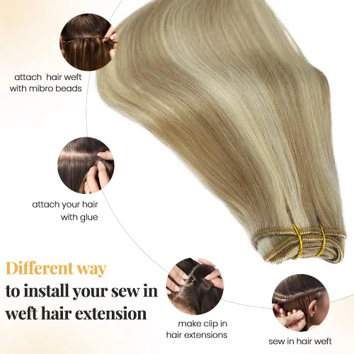 Miniatura 5 de Extensiones de cabello humano real con trama cosida, atadas a mano, color rubio ceniza a rubio con reflejos, extensiones cosidas con trama