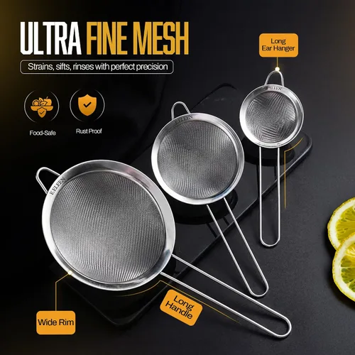 Miniatura 2 de ELEEN Coladores de Malla Fina de Acero Inoxidable Premium para Cocina, Juego de 3 Piezas con Mango Antideslizante, Tamices Pequeños, Medianos