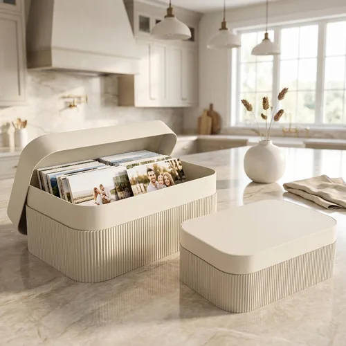 Miniatura 2 de Cajas de almacenamiento decorativas con tapas: juego de 2 hermosos cubos organizadores de cartón acanalado para la decoración de estanterías de tu