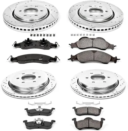 Miniatura 2 de Power Stop K4109 Pastillas de freno delanteras y traseras Z23 de fibra de carbono con rotores de freno perforados y ranurados para Ford Expedition