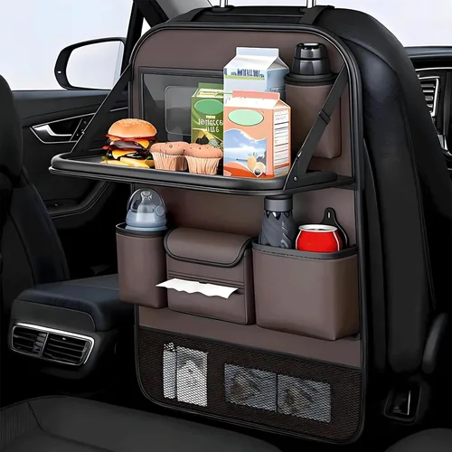Miniatura 11 de Organizador universal plegable para asiento trasero de automóvil con bandeja de mesa, protector de respaldo de asiento de automóvil con soporte