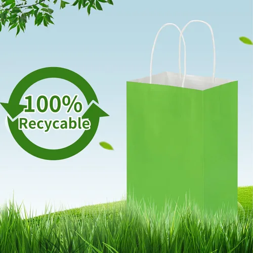 Miniatura 4 de Paquete de 100 bolsas de papel kraft pequeñas de 5.25 x 3.25 x 8.25 pulgadas, color verde hierba con asas, a granel, bolsas de regalo de Toovip