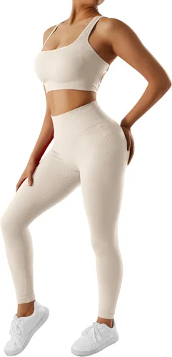 Miniatura 4 de OMKAGI Conjunto de entrenamiento acanalado para mujer, sin costuras, brasier deportivo con tiras y levantamiento de glúteos