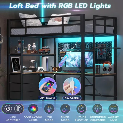 Miniatura 4 de DICTAC Cama alta individual con escritorio en forma de L, luces LED, estación de carga LED de metal para niños, cama tipo loft tamaño individual