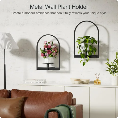 Miniatura 4 de Soporte para plantas de pared de metal negro, paquete de 2 soportes para plantas montados en la pared y soportes colgantes para macetas
