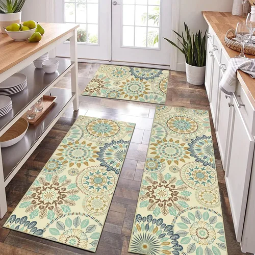 Miniatura 20 de Bsmathom Conjunto de Alfombras de Cocina Boho 3 Piezas, Alfombra de Cocina Antideslizante de Estilo Granja, Alfombras de Cocina Lavables