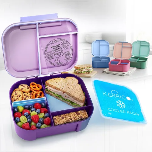 Miniatura 11 de KARRICO Caja Bento Doble Premium para Adultos, 67 onzas líquidas sin BPA - Lonchera Apilable Color Crema con Tapas y Divisores a Prueba de Fugas