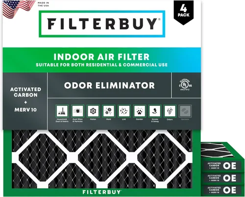Filterbuy Filtro de aire MERV 8 de 10 x 10 x 1 pulgadas, defensa de olores y alergias con carbón activado (paquete de 4), repuesto de filtros