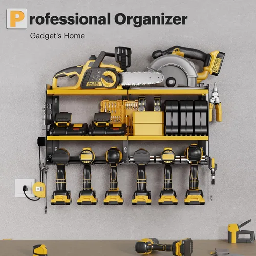 Miniatura 6 de Spampur Organizador grande de herramientas eléctricas de montaje en pared con estación de carga, estante de almacenamiento de herramientas de metal