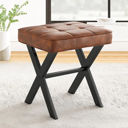 Miniatura 12 de LUE BONA Taburete de tocador blanco, asiento cuadrado de piel sintética con patas en X de metal, pequeña silla otomana para sala de maquillaje, sala