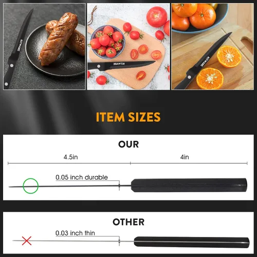 Miniatura 3 de Juego de 6 cuchillos negros para carne, juegos de carne afilados y dentados con caja de regalo, cubertería de mesa de acero inoxidable de 4.5