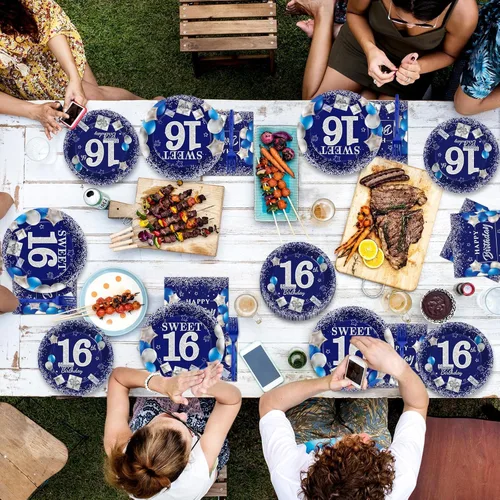 Miniatura 5 de gisgfim 96 Piezas Platos y Servilletas de Cumpleaños 16 Suministros para Fiestas Dulces 16 Juego de Vajilla para Fiestas Azul Plateado Decoraciones