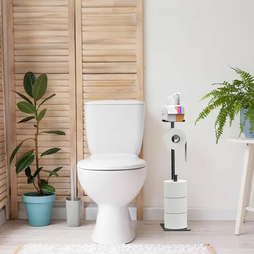 Miniatura 5 de Cisily Soporte de papel higiénico negro con estante para teléfono, decoración para baño. Almacenamiento independiente para rollos de papel