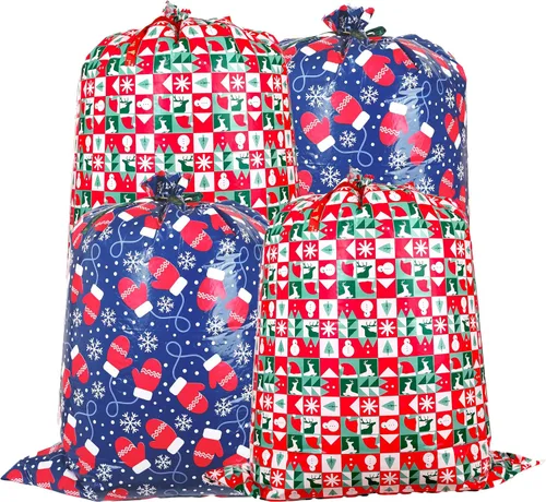 jabberwpacking Paquete de 4 bolsas de regalo de Navidad extra grandes con cinta y etiqueta de regalo de 36"x48" bolsas de regalo jumbo grandes para