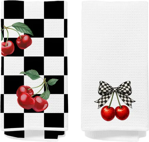 Miniatura 19 de Toallas de mano de cereza para cocina y baño – Toallas de té decorativas retro a cuadros en blanco y negro, accesorios de decoración de cocina