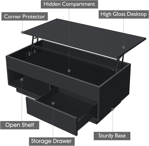 Miniatura 8 de HOMMPA - Mesa de café con tapa elevable de 40" con almacenamiento, mesa de centro LED moderna de alto brillo para sala de estar, mesa de té moderna
