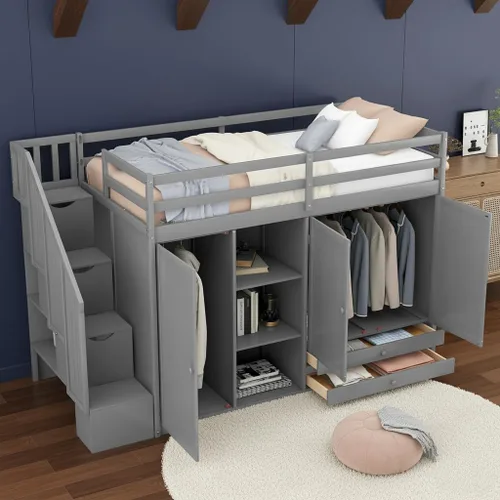Miniatura 2 de SOFTSEA Cama tipo loft de tamaño individual con escalera de almacenamiento y armario, marco de cama funcional de madera maciza con estantes