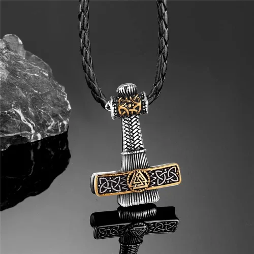 Miniatura 3 de Nordic Vikings - Collares de martillo para hombre mezcla de acero inoxidable oro nórdico runa eslavo vegvisir mjolnir amuleto colgante joyería