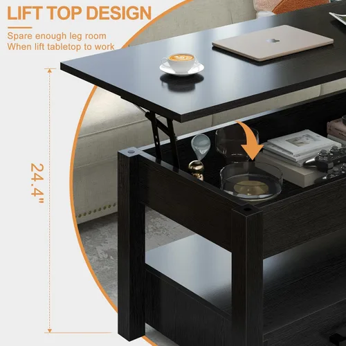 Miniatura 2 de FABATO Mesa auxiliar elevable de 41.7 pulgadas con 2 cajones de almacenamiento con compartimento oculto, estante de almacenamiento abierto para sala