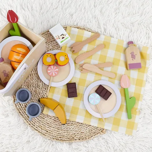 Miniatura 4 de Pillowhale Juego de Comida de Picnic de Madera – Juego de Cocina de Juguete para Niños de 21 PIEZAS con Manta, Frutas para Cortar y Configuraciones