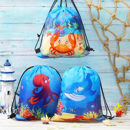 Miniatura 7 de Sanwuta 18 bolsas de recuerdo de fiesta bajo el mar, bolsas de regalo del océano, bolsas con cordón para regalo de playa, animales marinos, dulces