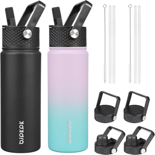 Miniatura 16 de BJPKPK Paquete de 2 botellas de agua aisladas con tapas con pajita, botella de agua de metal de acero inoxidable de 18oz con 6 tapas, jarras a