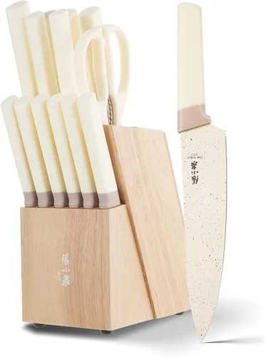 Juego de 15 cuchillos con bloque, juego de cuchillos de cocina de acero inoxidable de alto carbono con hoja recubierta de cerámica, afilados y Crema