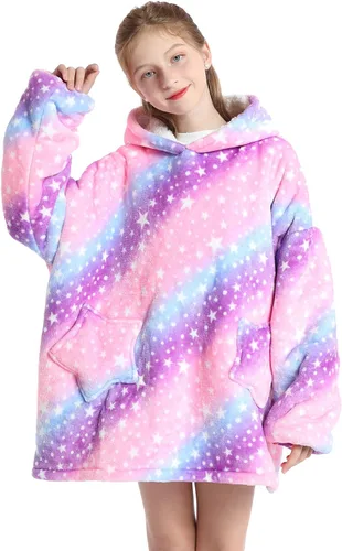 Miniatura 14 de Manta con Capucha Vestible para Niños de 4-12 Años, Manta con Capucha de Animales de Tamaño Grande, Súper Suave, Cómoda, Cálida, Franela de Rainbow