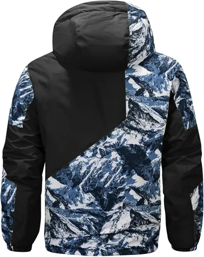 Miniatura 4 de FTIMILD Chaqueta de esquí impermeable para hombre de invierno, forro polar de alta visibilidad con capucha acolchada y diseño de patchwork