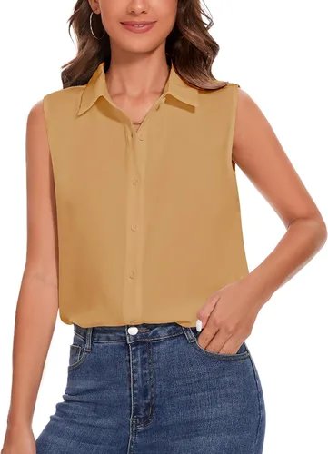 Miniatura 23 de YAMANMAN Camisa sin mangas con botones para mujer, blusa clásica con cuello redondo, camiseta básica de gasa para el trabajo y la oficina