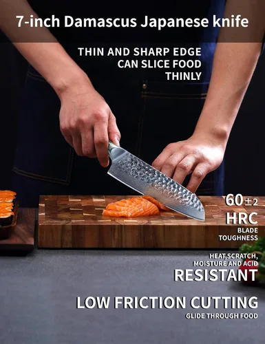 Miniatura 2 de Cuchillo Santoku de 7" - Cuchillo de chef japonés - Acero de Damasco martillado y mango de resina - Serie YAO