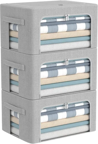 Miniatura 15 de CYhom Paquete de 3 contenedores plegables de almacenamiento - Caja de almacenamiento con marco de tela de lino apilable para ropa con ventana
